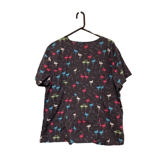Cherokee 2XL Gray Flamingo Print Womens Scrub Top With Pockets - Picture 3 of 4
